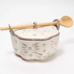 Temp-tations Old World 3-qt Figural Covered Baker with Spoon Taupe Color RETAIL $58