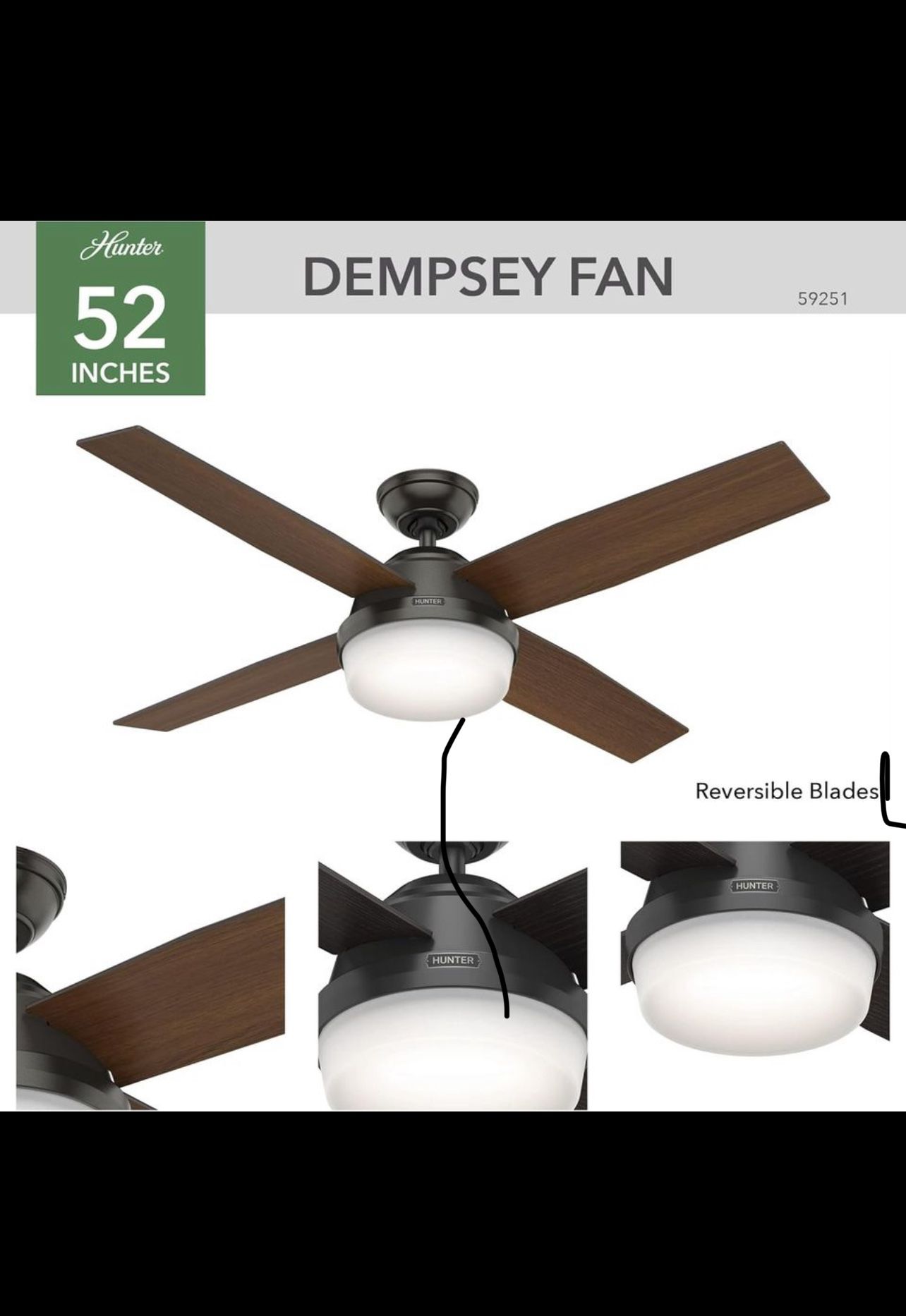 Hunter Fan Company  59251   52 Inch Dempsey Matte Black Indoor 