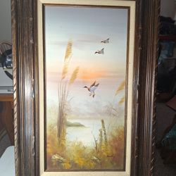 Mallards In Flight Signed Bailey Oil On Canvas