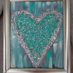 My Heart 8 By 10 Acrylic Painting W/ Broken Glass and Sparkle