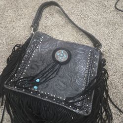 Montana West Genuine Leather Tooled Silver Turquoise Concho Fringe Crossbody