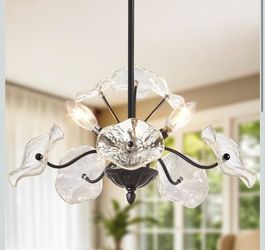 Modern Black Chandelier,Vintage Flower Glass Pendant Light