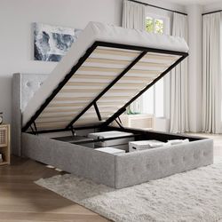 Queen Size Lift Up Storage Bed/Button Tufted Wingback Headboard/Hydraulic Storage/Upholstered Platform Bed Frame/No Box Spring Needed/Wood 
