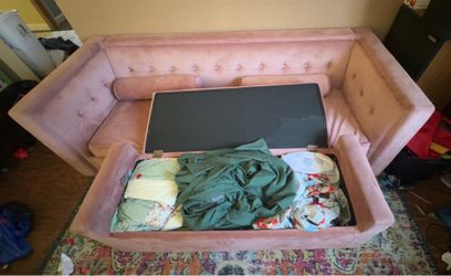 Pink velvet couch with storage ottoman