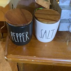 Rae Dunn by Magenta SALT & PEPPER Black &White Ceramic Cellars With Wood Lids an