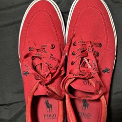 This is a Polo Ralph Lauren Men's Faxon X Low-Top canvas sneaker in red. 