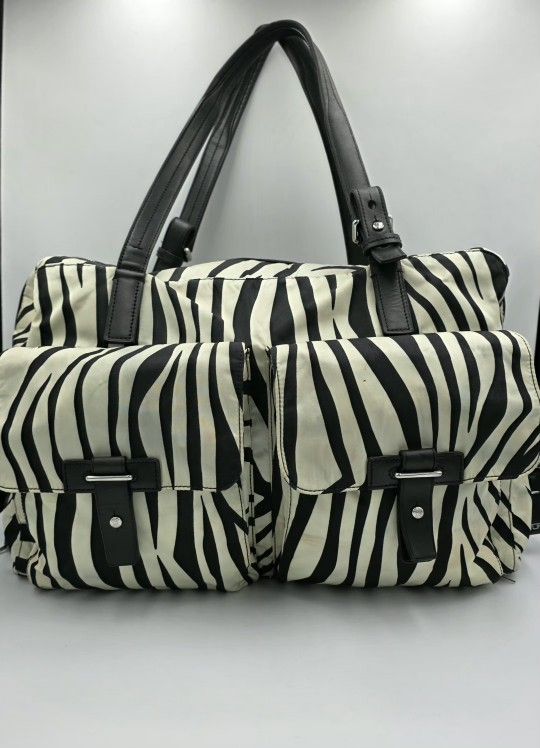 Tumi White Black Stripes Cortina Voyager Boarding Nylon Tote Leather Trim 48703