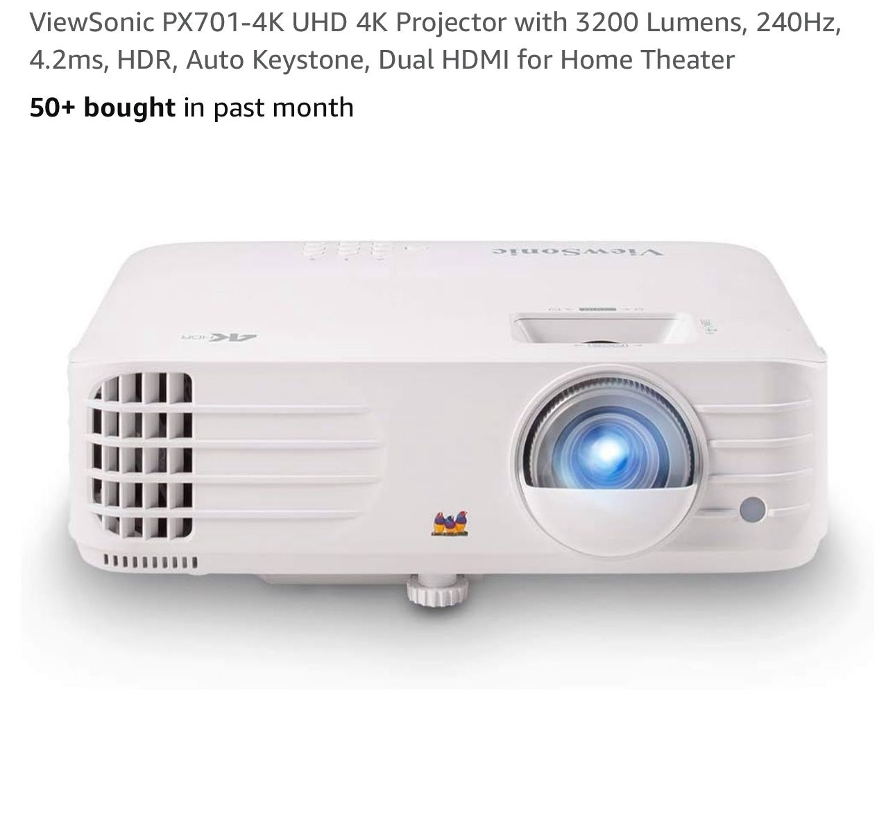 ViewSonic PX701-4K UHD 4K Projector with 3200 Lumens, 240Hz, 4.2ms, HDR, Auto Keystone, Dual HDMI for Home Theater