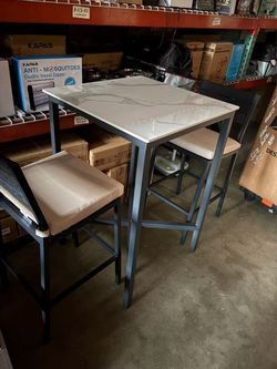 2pcs  high chair +Stone Bar Table: White Square High Top Pub Tables with Black Metal Frame - Small Breakfast Dining Table - Tall Coffee Table with Cro