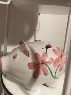 Rare Mid Century Italian Pottery Piggy Bank with Floral Design