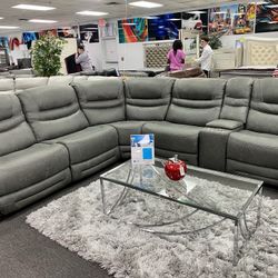 Beautiful Comfortable Microfiber Grey Power Recliner Sectional With Power Headrest And USB Ports!