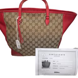 Gucci Monogram Bree Zippered Tote Beige Red