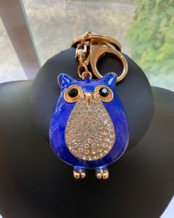 OWL KEYCHAIN “Gold Tone Metal, Blue Enamel and Rhinestone OWL Keychain”