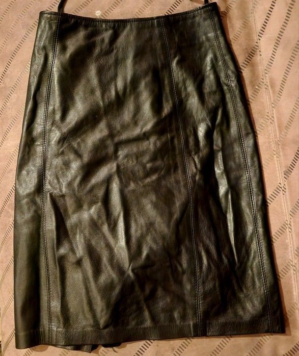 Vtg 80s 90s X by Ethnix usa Black Leather Skirt Back Oval Fringe Bling Sz 8

