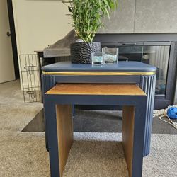 Midr Century Modern Refinished Side Table and Foot stool—gold accents