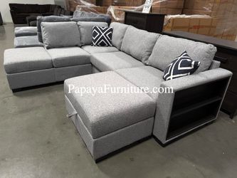 New Sectional Couch with built-in shelf arm Reversible Chaise Sofa and STORAGE Ottoman Set Modern Designer Style Gray Fabric Living Room Apartment Big