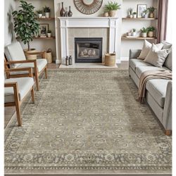 DEXI Area Rugs for Living Room, 5x8 Washable Low Pile Floral Rug, Dark Brown