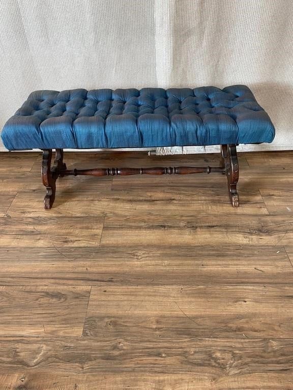 Vintage Tufted Bench Carved Wood Frame