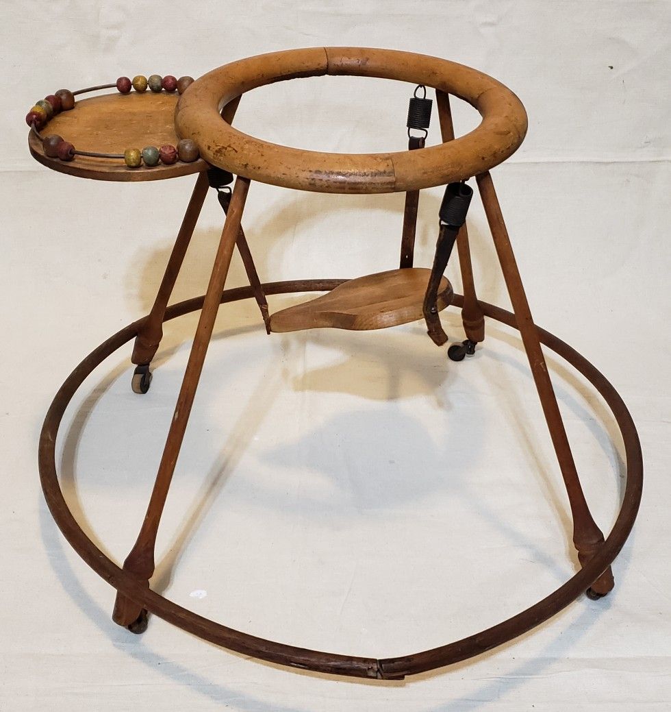 Antique Vintage Wood Leather Spring Baby Walker Stroller Doll Collector Use