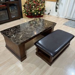 Dark Brown / Chocolate Marble Coffee Table with Matching Rolling Bench Including Storage 