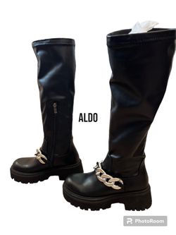 Aldo Black Tall Combat Boots Silver Chain Detail Lug Sole Knee High Size 38