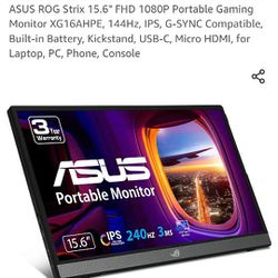 ASUS ROG Strix 15.6" FHD 1080P Portable Gaming Monitor XG16AHPE, 144Hz, IPS, G-SYNC Compatible, Built-in Battery, Kickstand, USB-C, Micro HDMI, for La