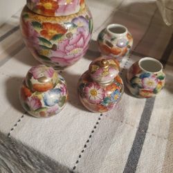 Vintage Japanese Hand-Painted Flowers Ginger Jars