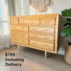 Solid Oak 9 Drawer Mid-Century Modern Dresser – Free Delivery