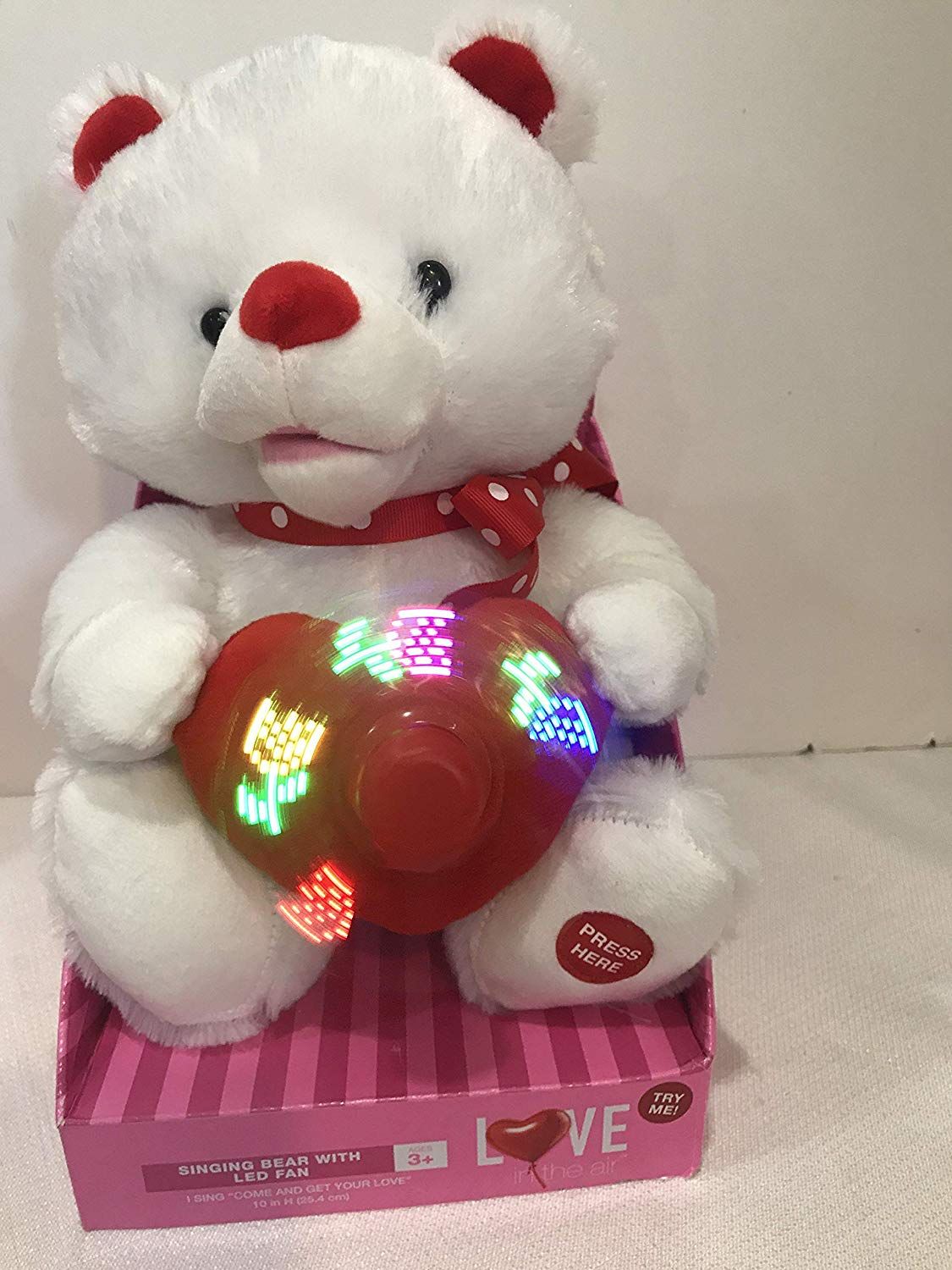 10" Stuffed Plush Singing Animal Holding Heart w LED Fan Valentine Teddy The bear sings "Come and get your love" by Lolly Vegas. spinning fan