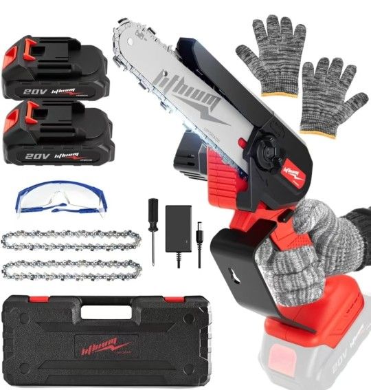 Mini Chainsaw Cordless, 6 Inch Portable Electric Chainsaw, One-Hand Handheld Small Chain Saw for Cutting Wood Trimming and Woodworking- 2 batteries