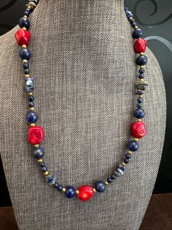 Blue Lapis Lazuli and Red Coral Beaded Women's Necklace
