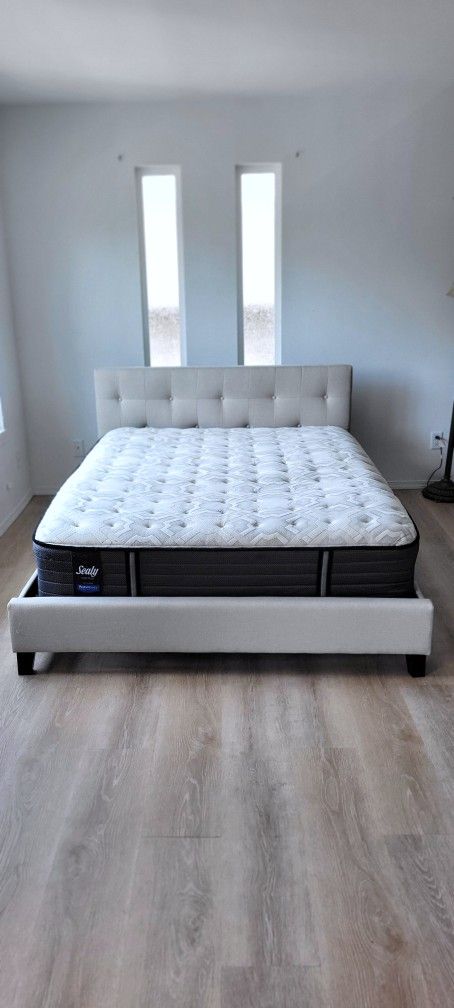 Very Nice Queen Wayfair Upholstered Bed Frame with Sealy Posturepedic Mattress