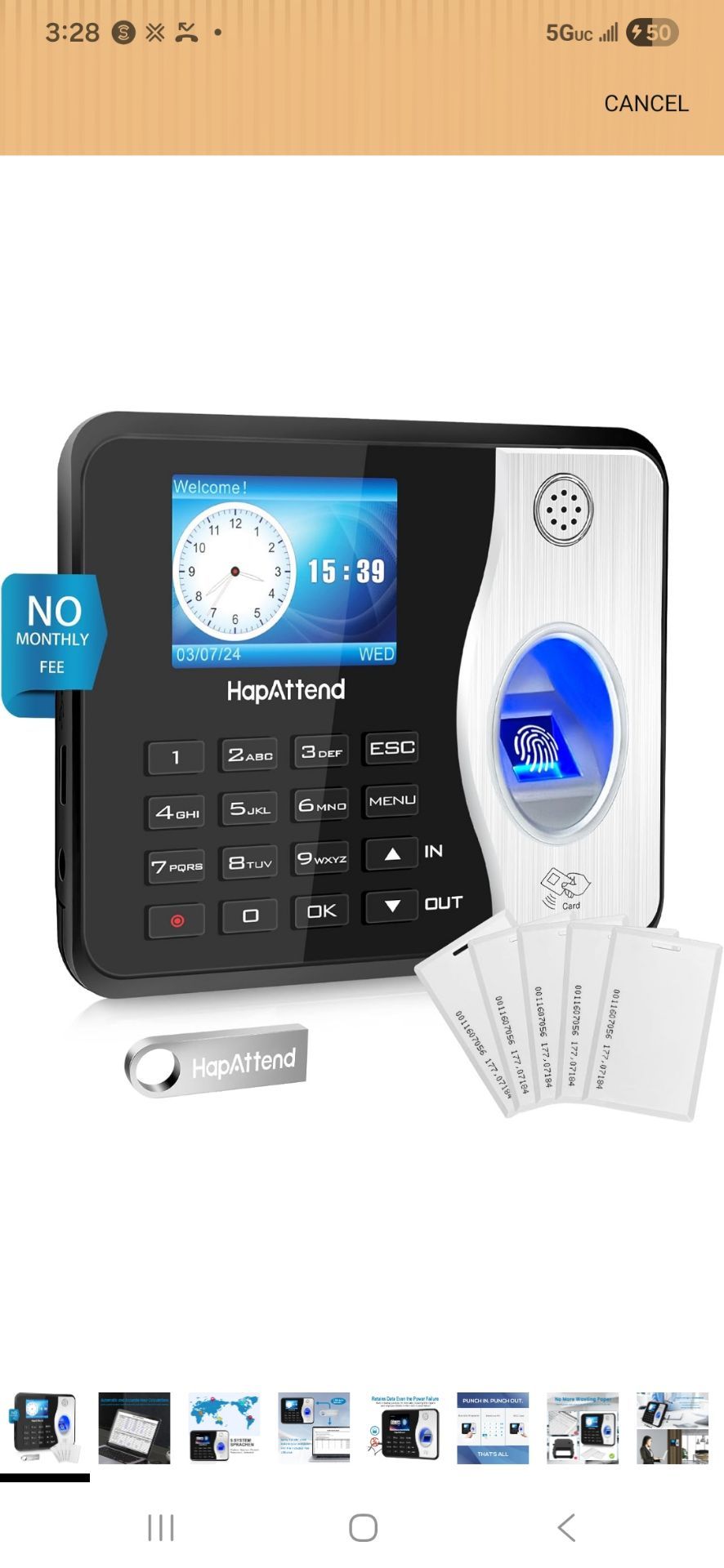 Employee Time Clock Fingerprint RFID Payroll Hours Machine No Monthly Fees
