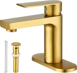 Gold Bathroom Faucet 1 Hole, Single Handle Brass Bathroom Sink Faucet with Deck Plate & Metal Pop-Up Drain & Water Supply Lines Included, Modern Gold