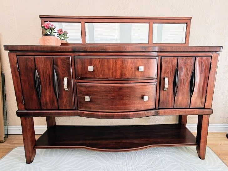 Dark Cherry Mahogany Brown Buffet Sideboard Console Entryway Table with Mirror Top Drawers Cabinets Shelves