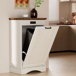 13 Gallons Tilt Out Trash Cabinet with Deodorizing Function, Free Standing Kitchen Trash Cabinet Recycling Garbage Cabinet, White