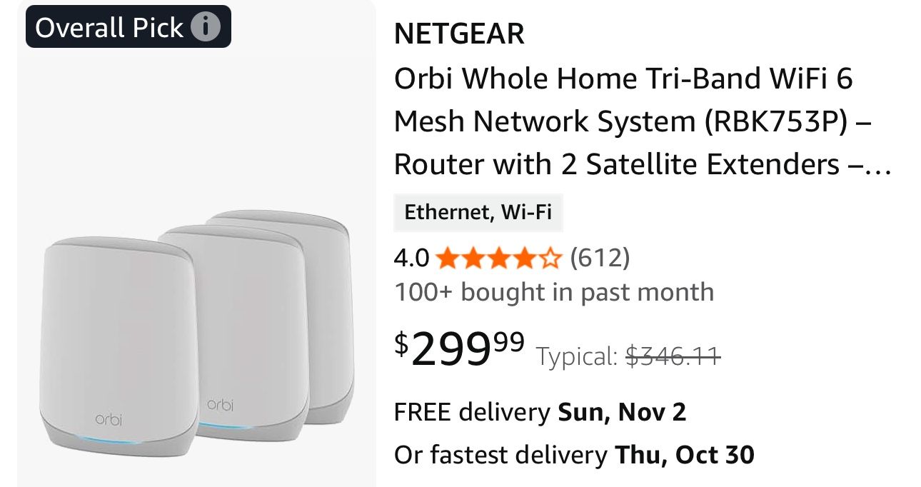 NETGEAR Orbi Whole Home Tri-Band WiFi 6 Mesh Network System