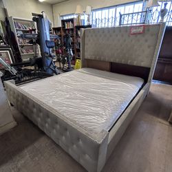 SALE Modern Gray King Wingback Bed Frame - Tufted Upholstered Platform Bed