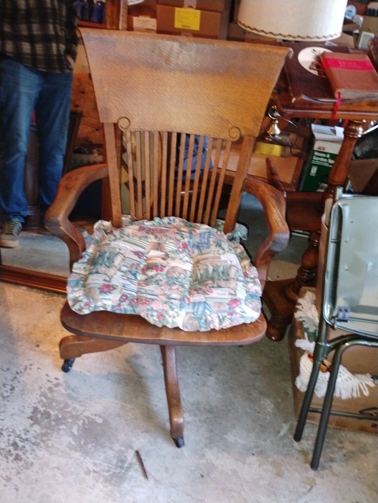 Vintage Wooden Rocker Desk Table Chair Oak Tall Back Swivel Chair