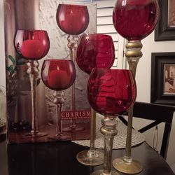 Elegant Red & 24kt Gold Tall Hurricanes / Candle Stands ~ Set Of 3!