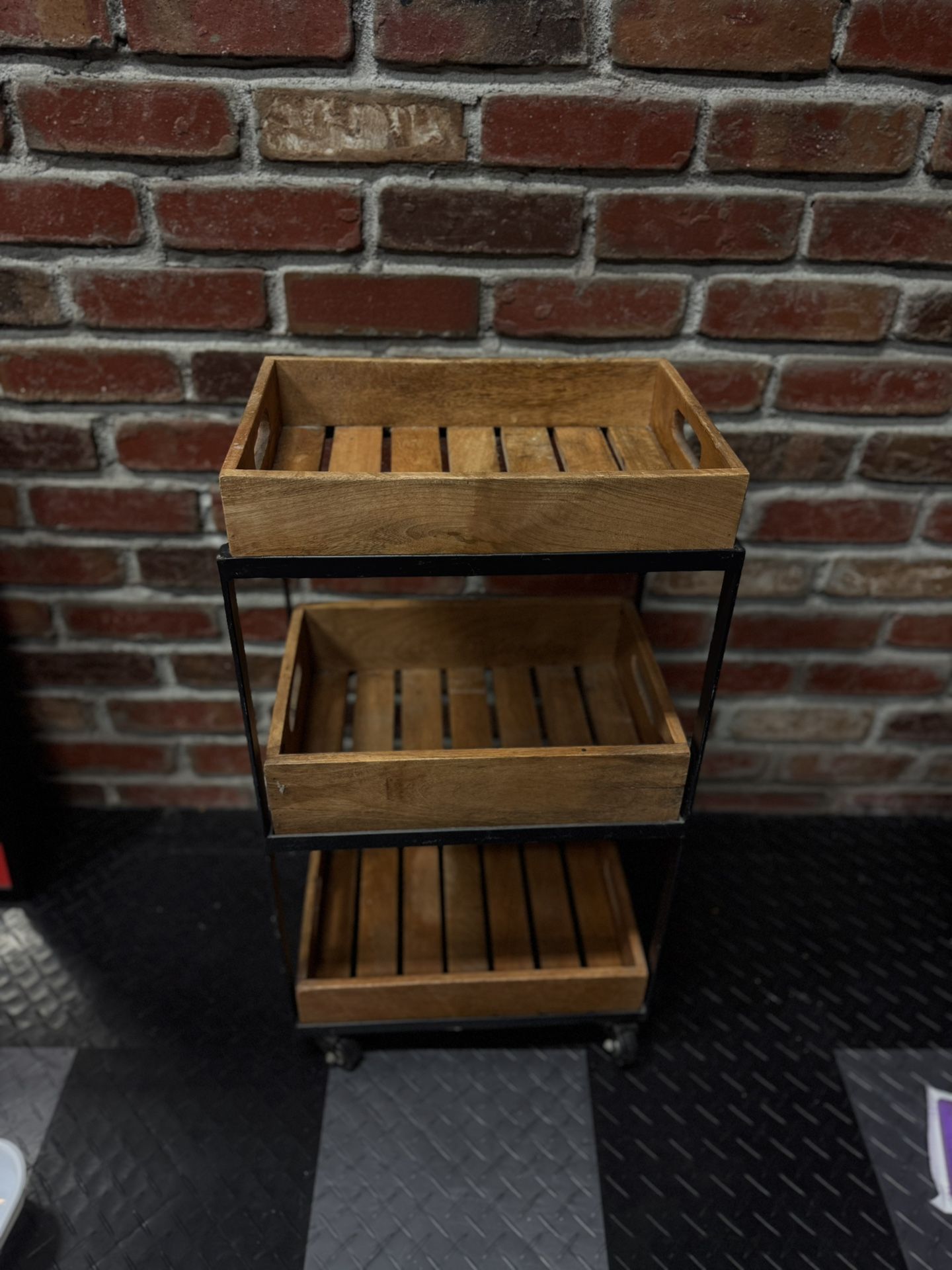 Rolling Steel And Wooden Cart 36”x12x16Donna Sculpture From Murano