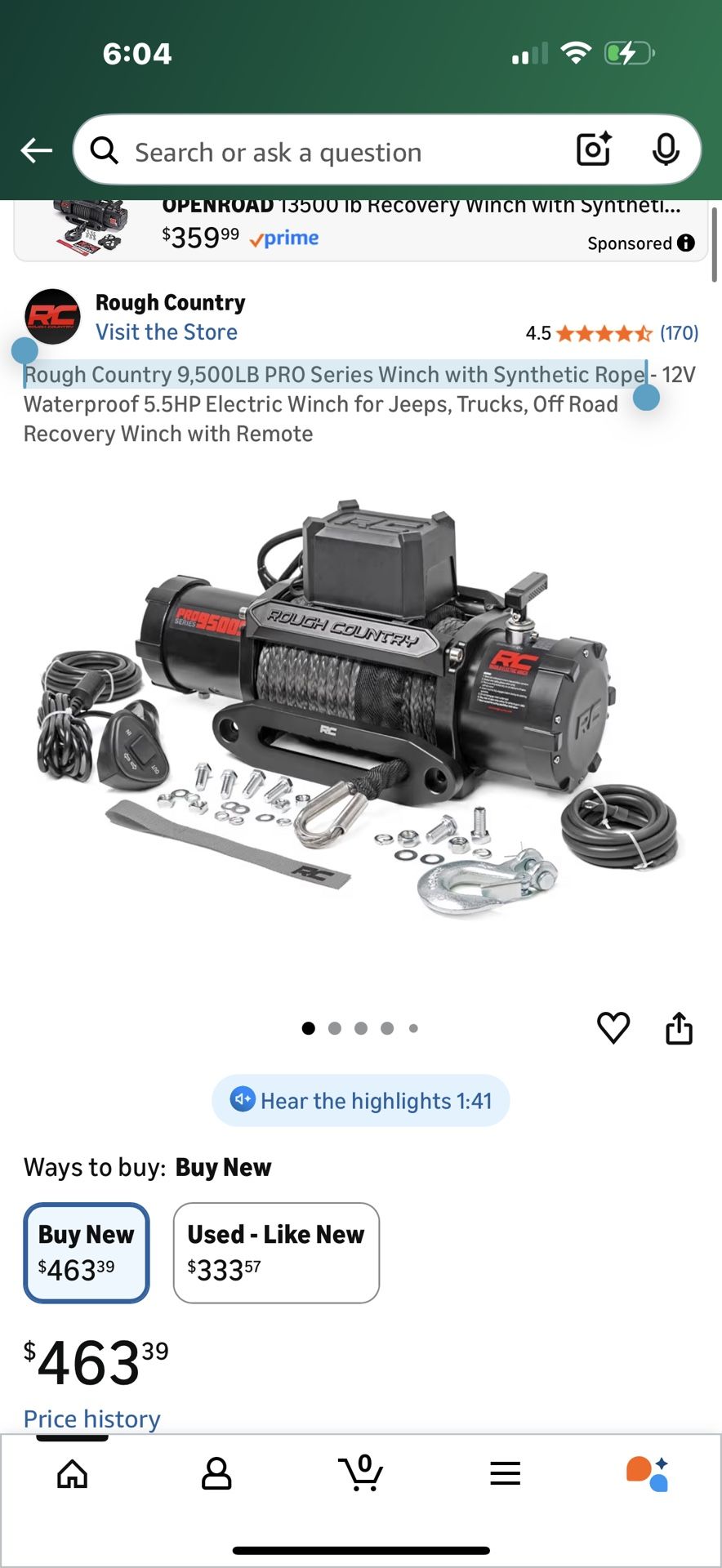 Rough Country 9,500LB PRO Series Winch with Synthetic Rope