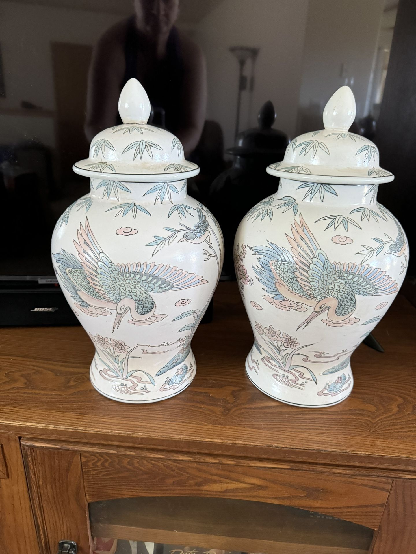RARE Large Pale Pink Bird Floral Pastel Flowers & Birds Lid Ginger Jar