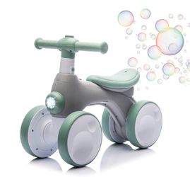 Baby Balance Bike 1 Year Old with Music, Lights, Bubble Machine, 4 Wheels Pedal-Less Toddler Ride on Toys for 12-36 Months Birthday Gift, Toddler boy 