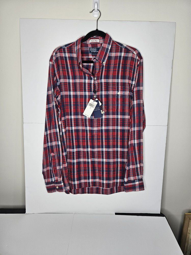 Ralph Lauren Mens L Casual Classic Fit Madras Popover Shirt Red Plaid NWT $148