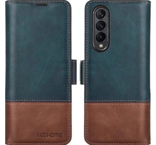 KEZiHOME Samsung Galaxy Z Fold 3 5G Case, Genuine Leather Galaxy Z Fold 3 Wallet Case [RFID Blocking] with Card Slot Flip Kickstand Phone Cover Compat
