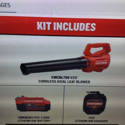 CRAFTSMAN V20 CORDLESS AXIAL LEAF BLOWER KIT, INCLUDES 4.0 AH BATTERY AND CHARGER, 100 MPH AND 380 CFM CLEARING POWER 2 SPEED 