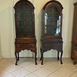 Pair Of Antique Wood Curio Cabinets 