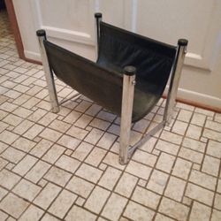 Vintage Black Leather Newspaper Rack With Stainless Steel Frame 