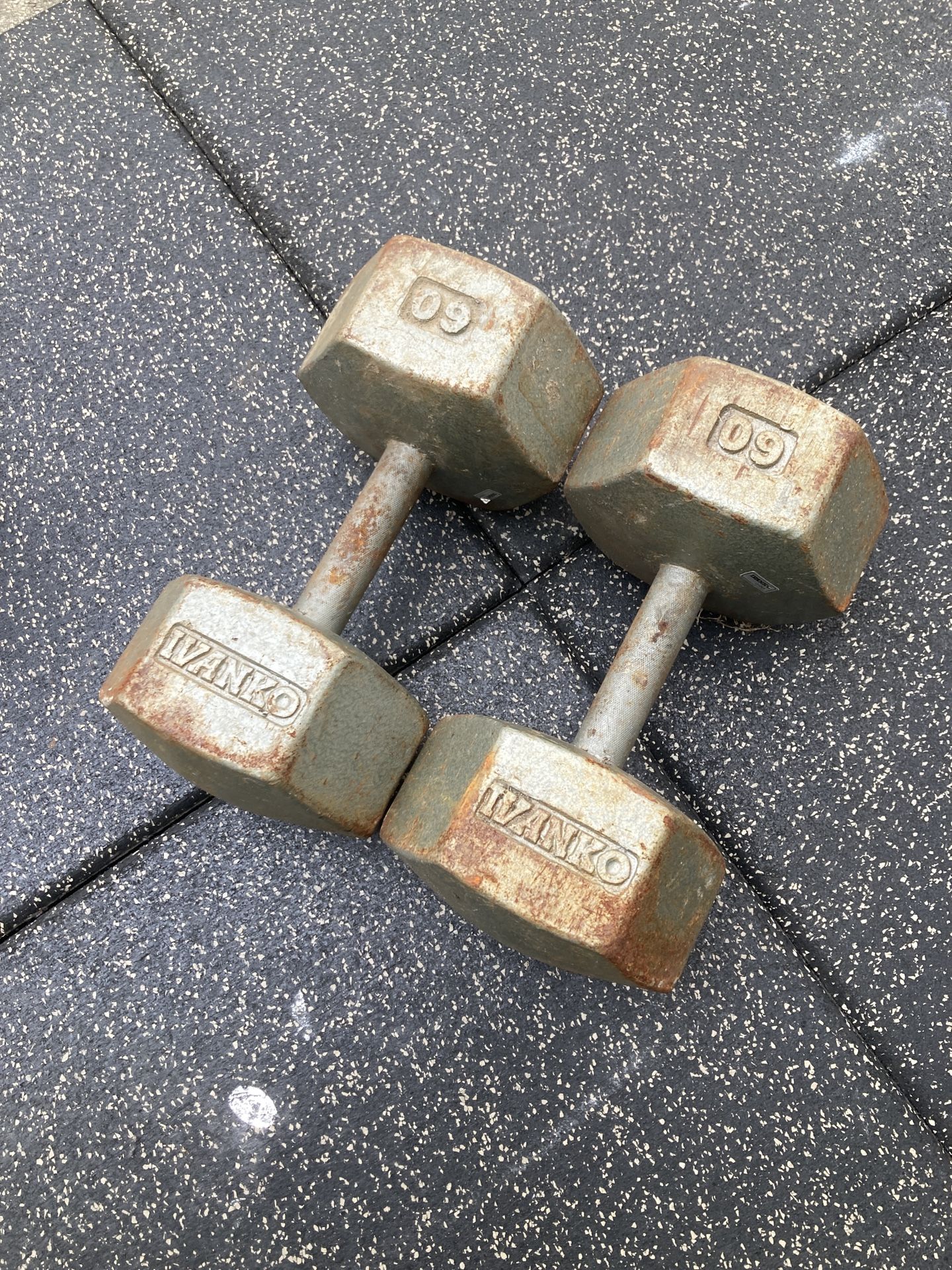 Pair Of 60 Lb IVANKO Branded Steel Hex Dumbbells